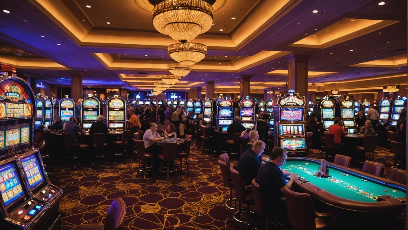 繁忙的賭場地板，擁有老虎機和撲克桌。