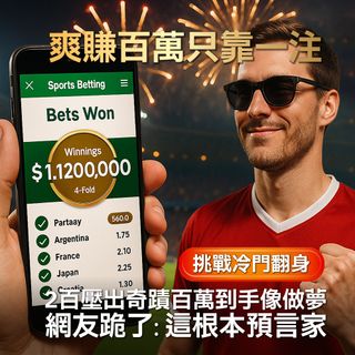 世足運彩花「2百爽賺112萬」！驚人組合曝 網友全跪：這人是未來人吧？