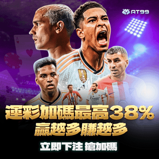AT99 運彩活動，加碼最高 38%，贏越多賺越多！豪華球星陣容，極致競技體驗，立即下注，搶占高額回報！